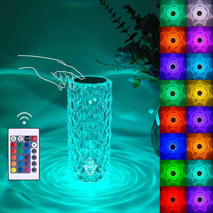 Rose Crystal Diamond Touch Lamp – 16 Color RGB LED Night Light with Remote Control